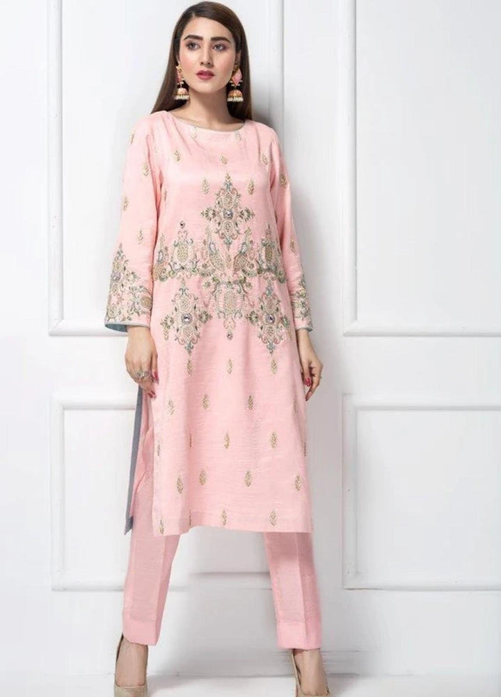 Hana Luxury Pret Embroidered Raw Silk 2 Piece Dress Pink Vine