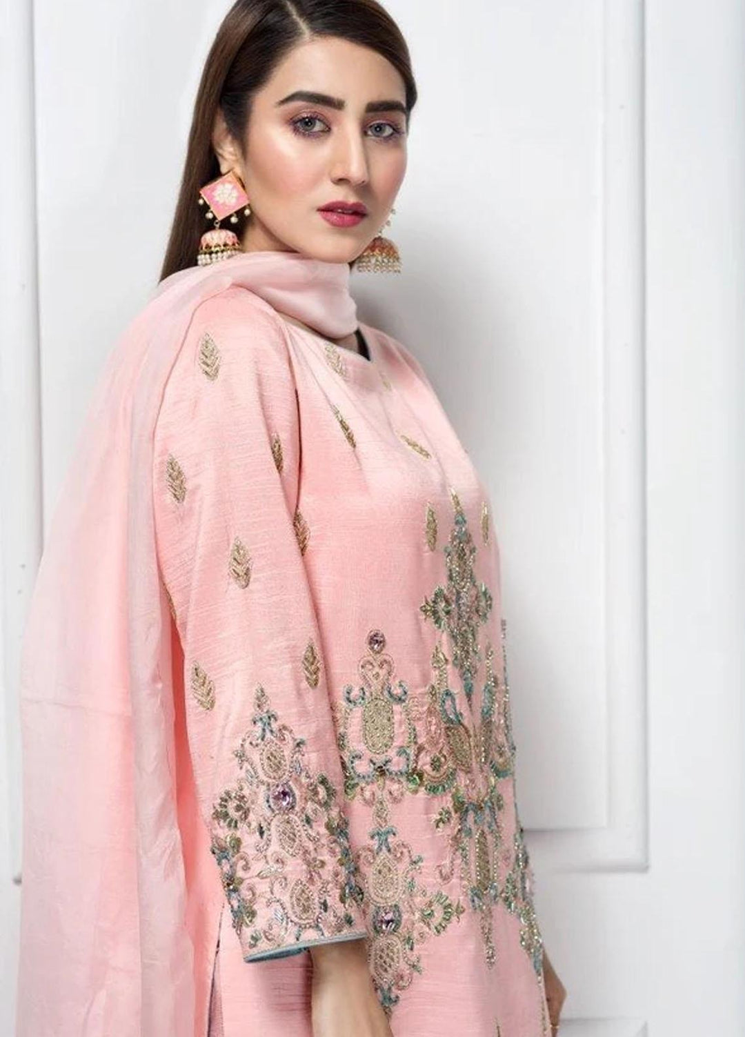 Hana Luxury Pret Embroidered Raw Silk 2 Piece Dress Pink Vine