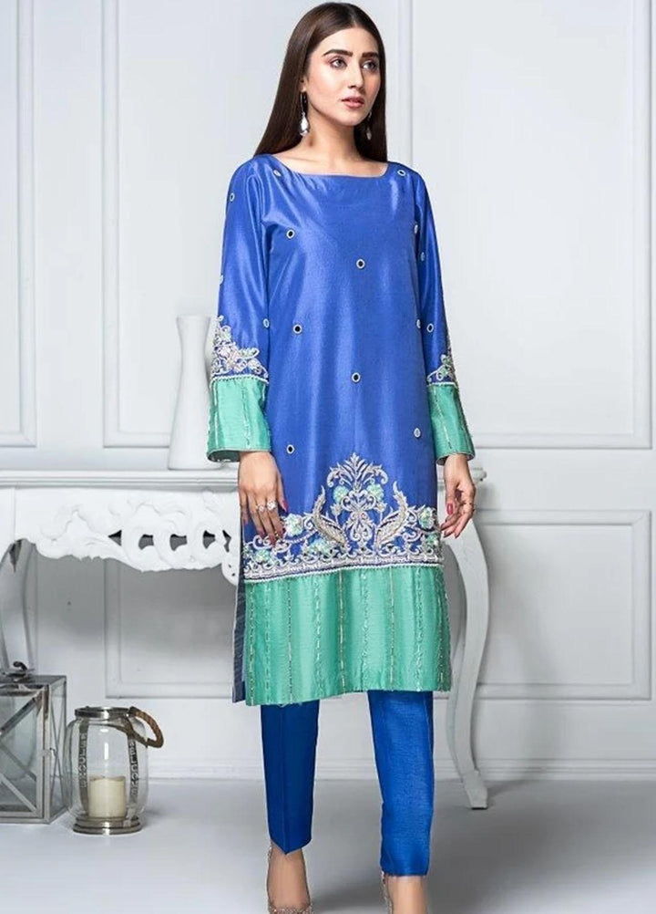 Hana Luxury Pret Embroidered Raw Silk 2 Piece Dress Sapphire Twinkle