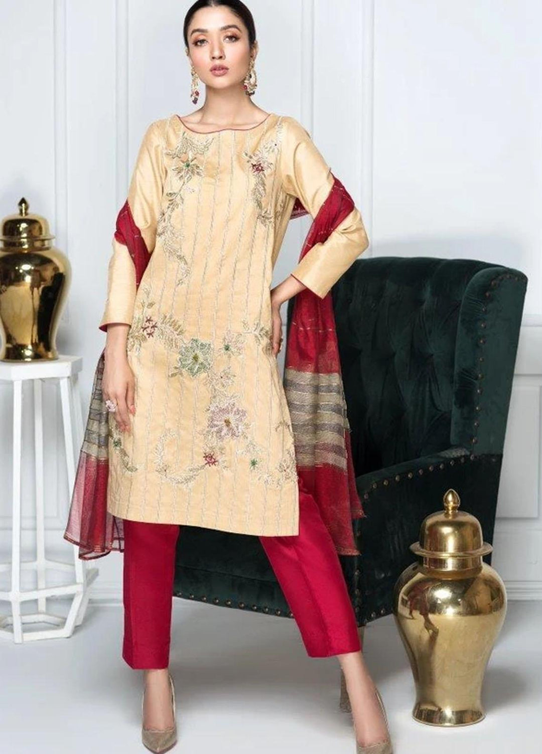 Hana Luxury Pret Embroidered Raw Silk 2 Piece Suit FL0004 Golden Era