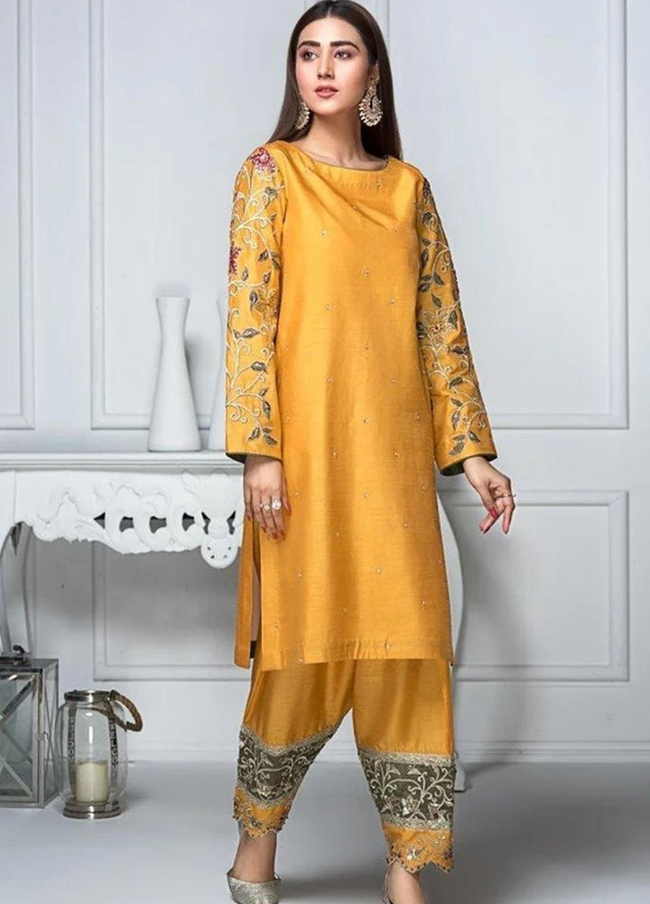 Hana Luxury Pret Embroidered Raw Silk 2 Piece Suit FL0005 Daffodils