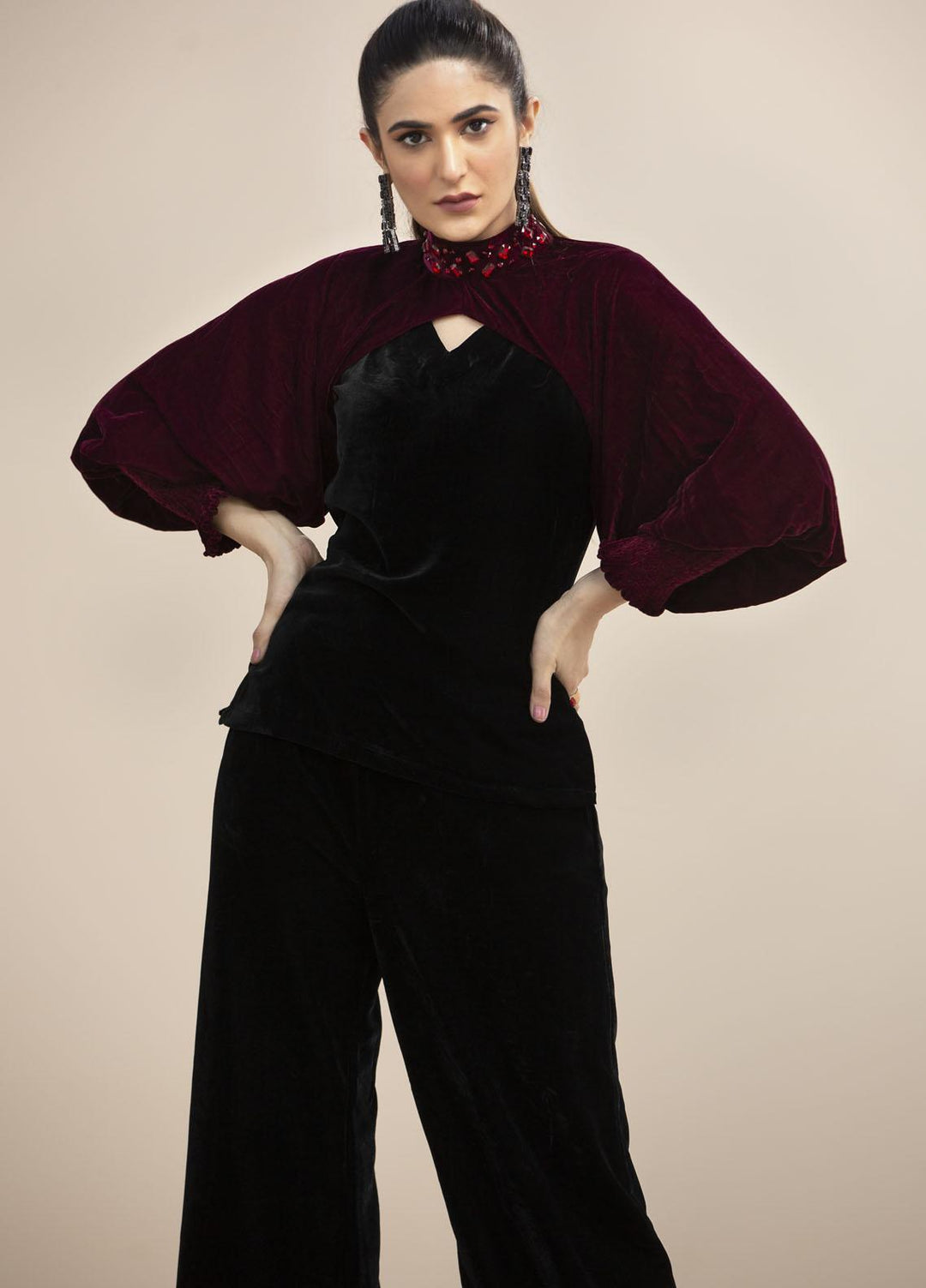 Hana Luxury Pret Embroidered Velvet Top Catch Me Red