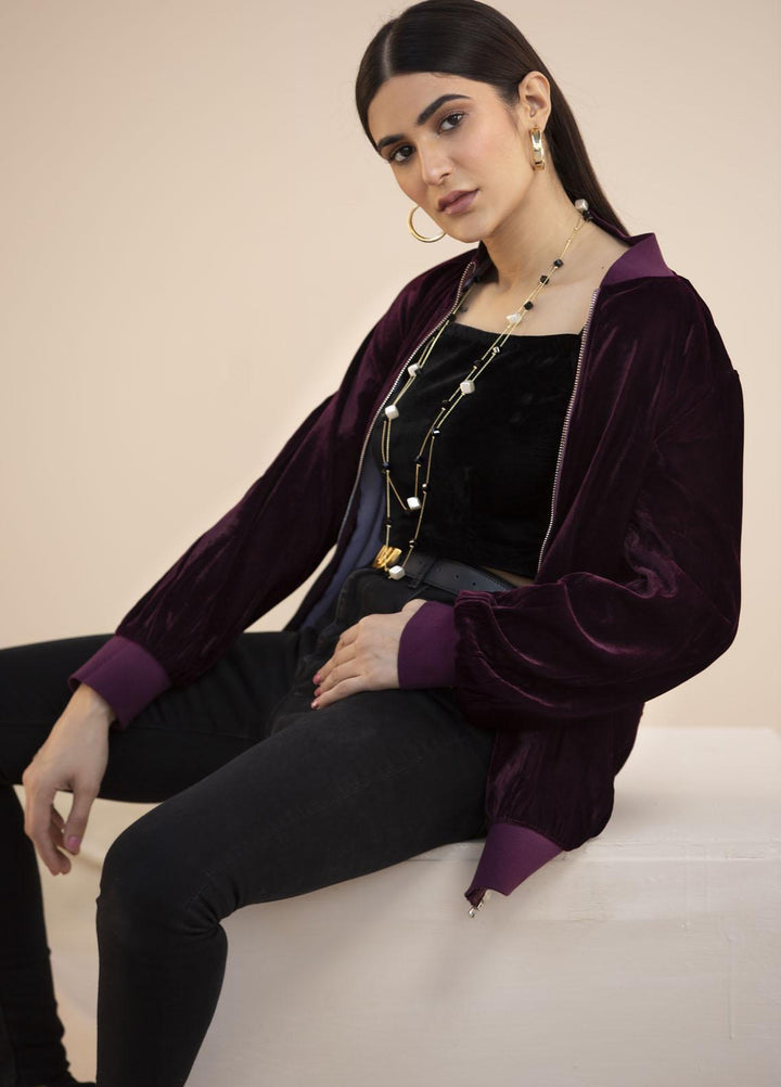 Hana Luxury Pret Embroidered Velvet Top Ruby Woo