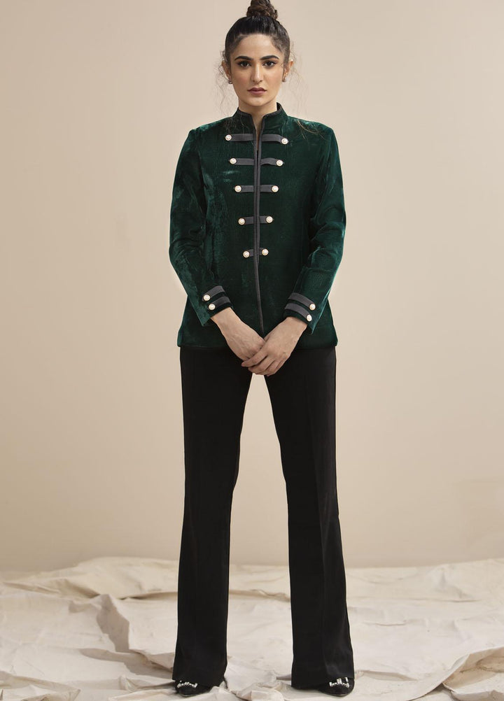 Hana Luxury Pret Embroidered Velvet Coat Velvet Moss