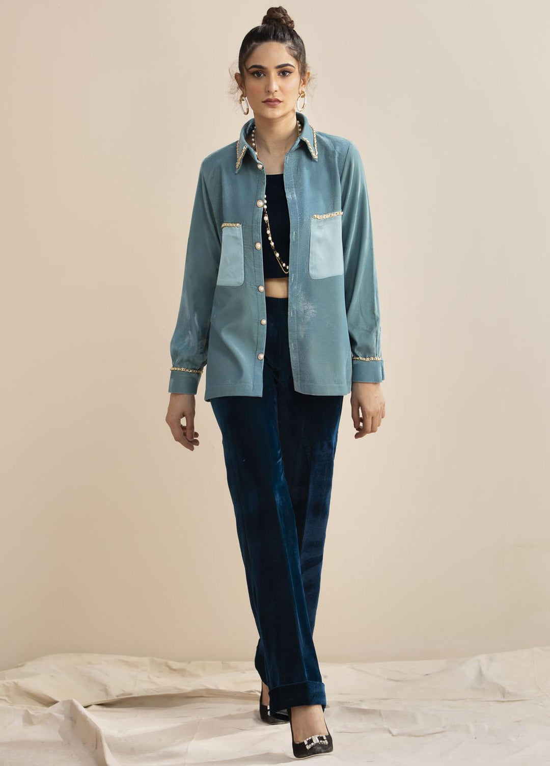 Hana Luxury Pret Embroidered Velvet Shirt Winter Teal