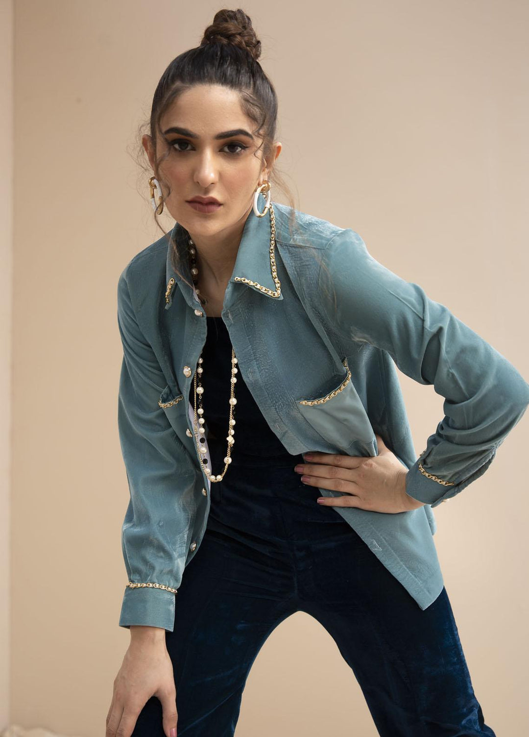 Hana Luxury Pret Embroidered Velvet Shirt Winter Teal