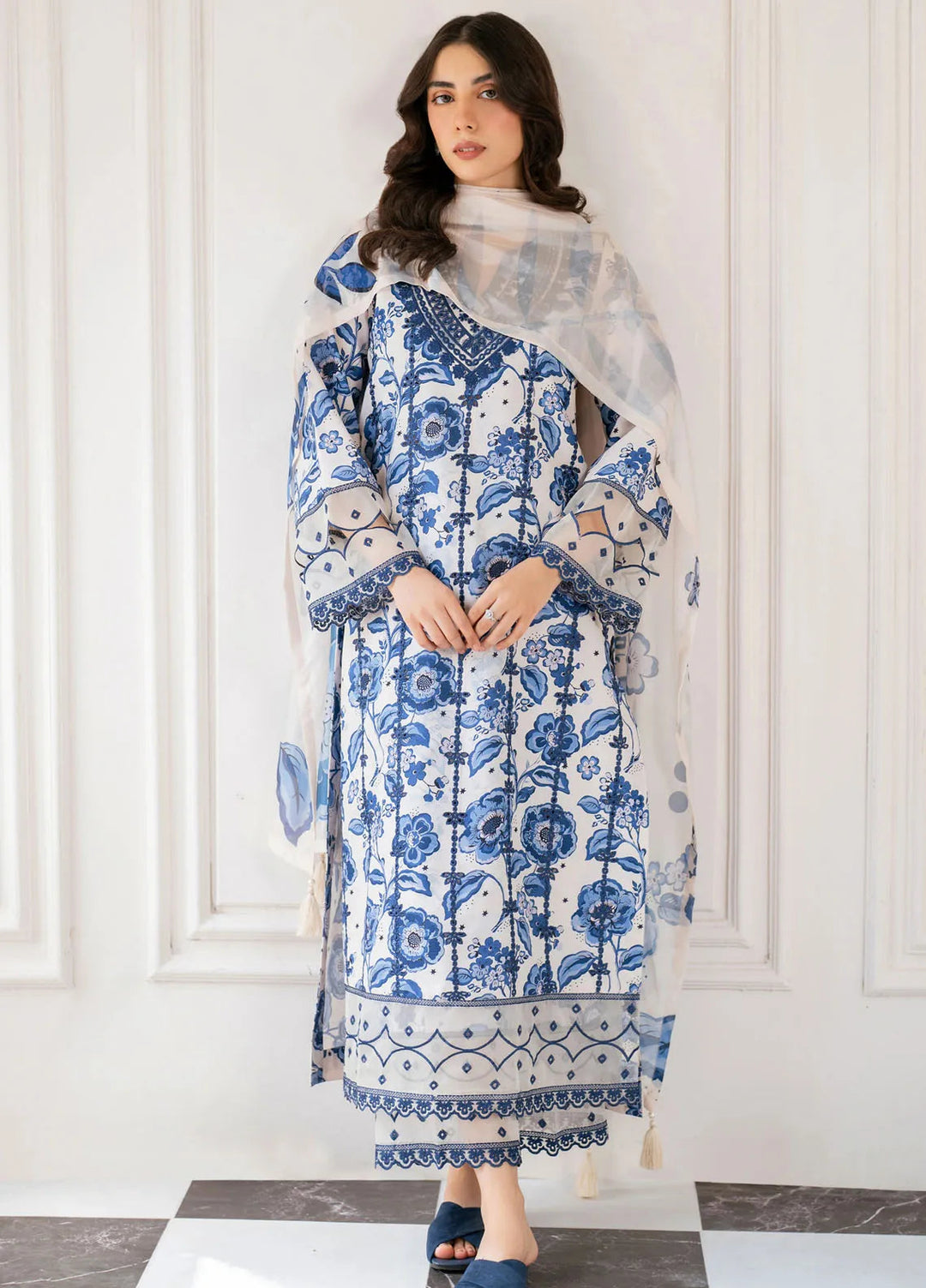 Hana Pret Embroidered Cotton Cambric 3 Piece Suit Skybloom