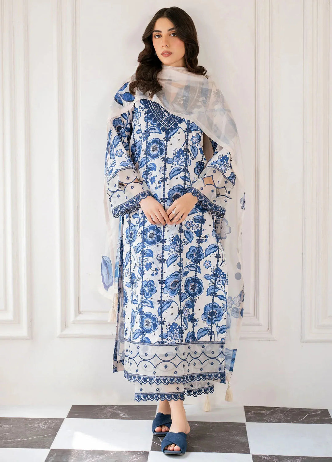 Hana Pret Embroidered Cotton Cambric 3 Piece Suit Skybloom