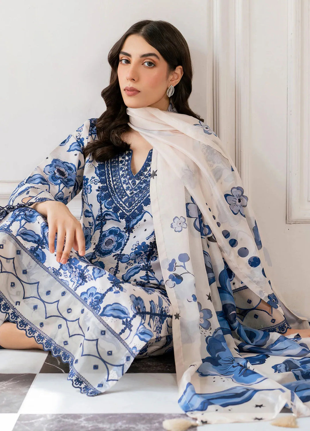 Hana Pret Embroidered Cotton Cambric 3 Piece Suit Skybloom