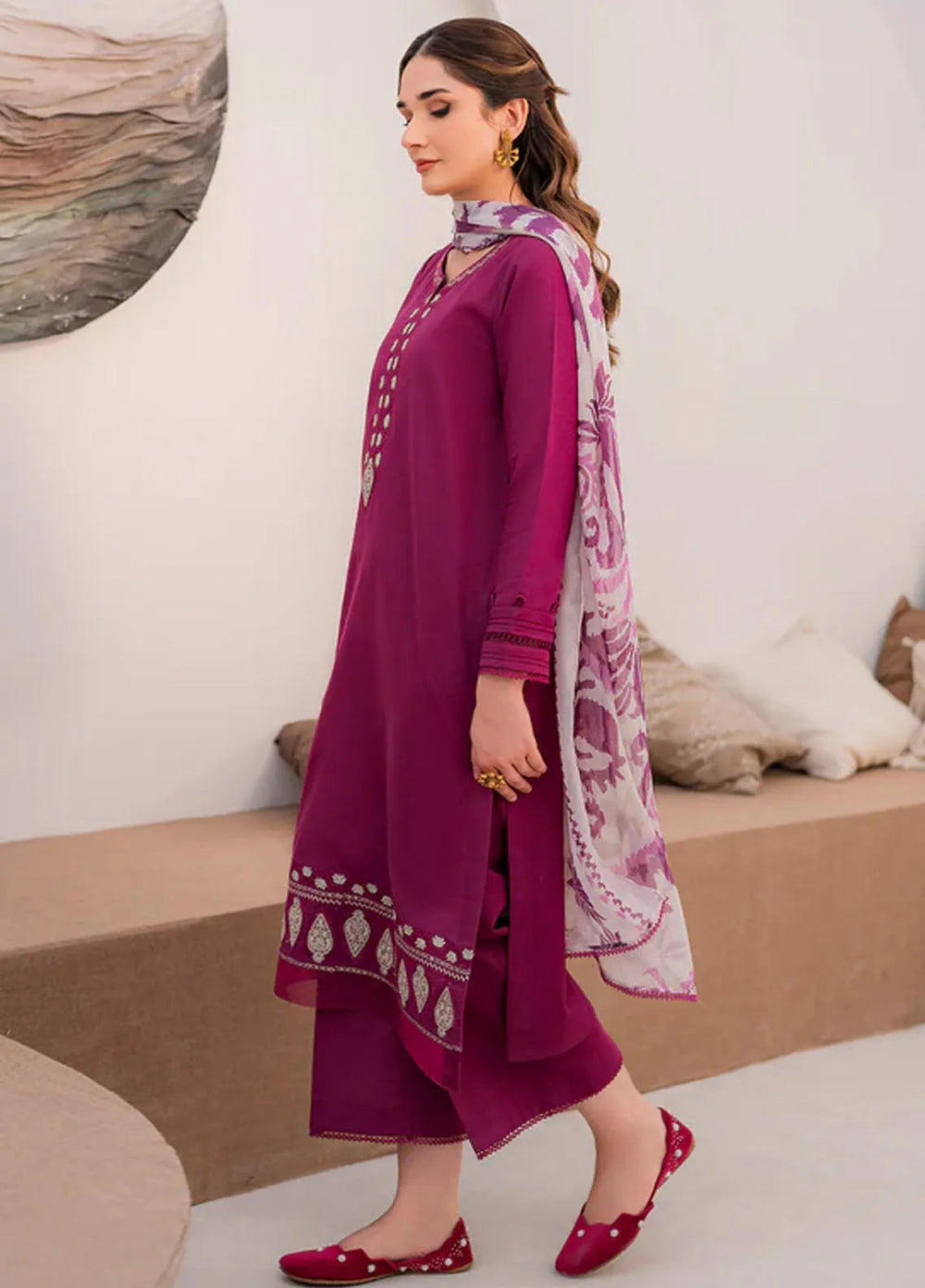 Hana Pret Embroidered Lawn 3 Piece Suit Burgundy