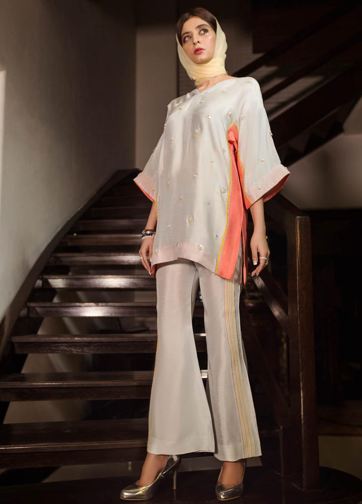 Hana Luxury Pret Embroidered Raw Silk 2 Piece Dress Ice Berry