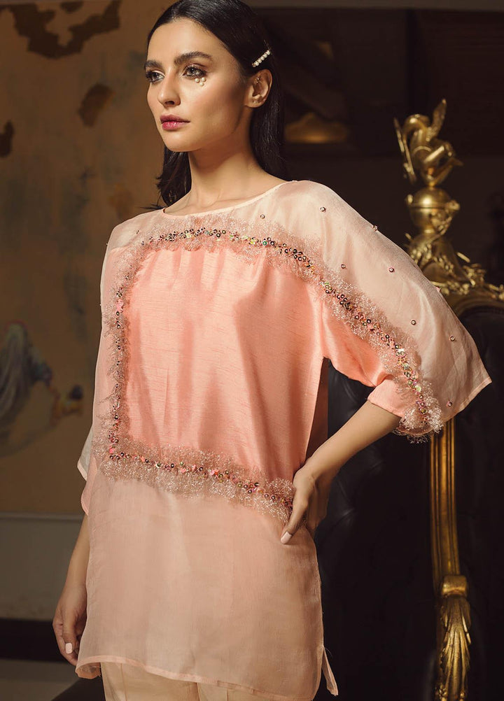 Hana Luxury Pret Embroidered Raw Silk 2 Piece Dress Peach Ripple