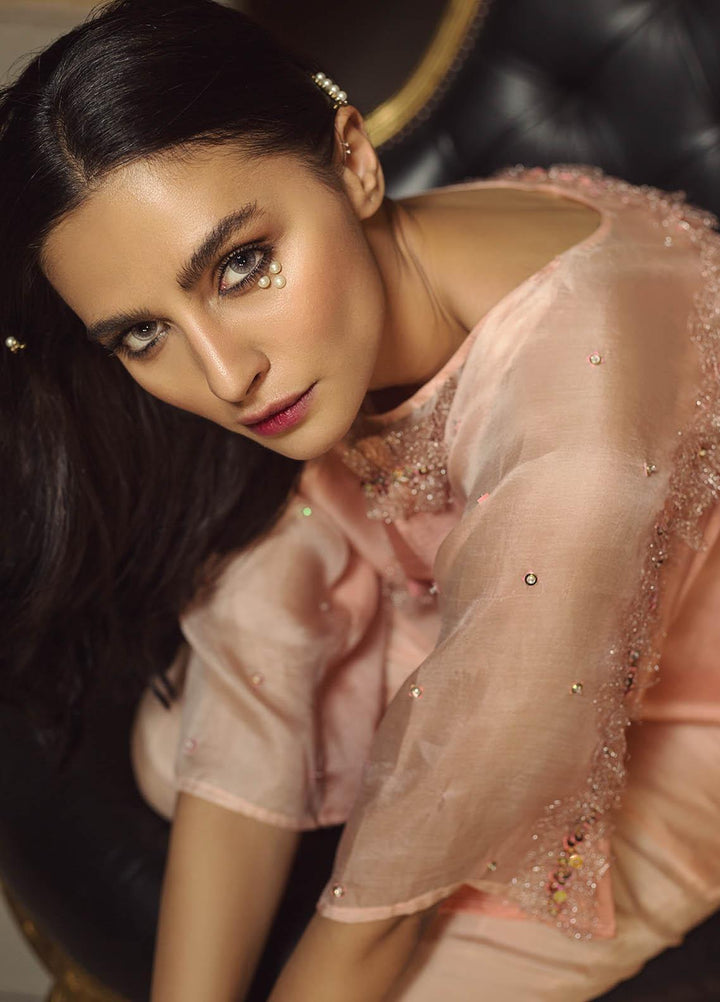 Hana Luxury Pret Embroidered Raw Silk 2 Piece Dress Peach Ripple