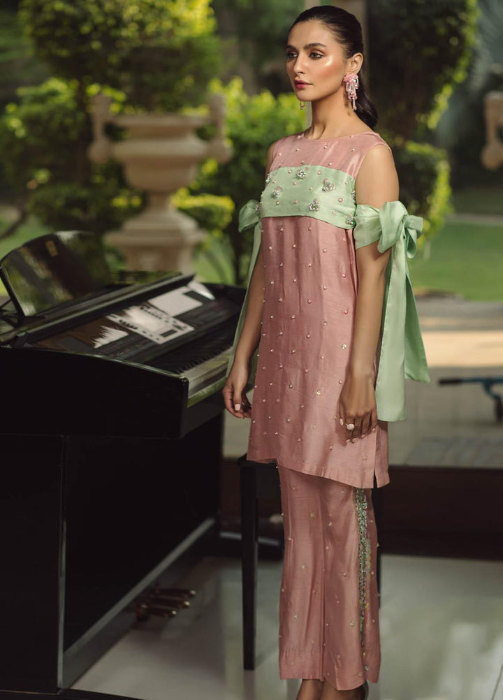 Hana Luxury Pret Embroidered Raw Silk 2 Piece Dress Pistachio