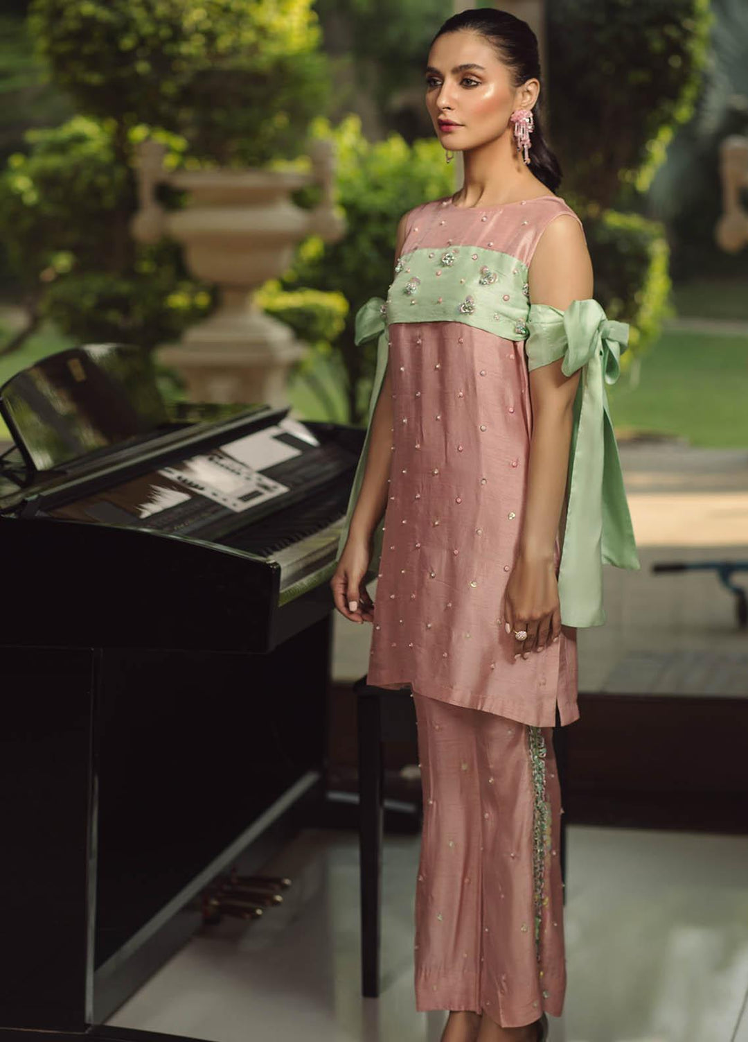 Hana Luxury Pret Embroidered Raw Silk 2 Piece Dress Pistachio