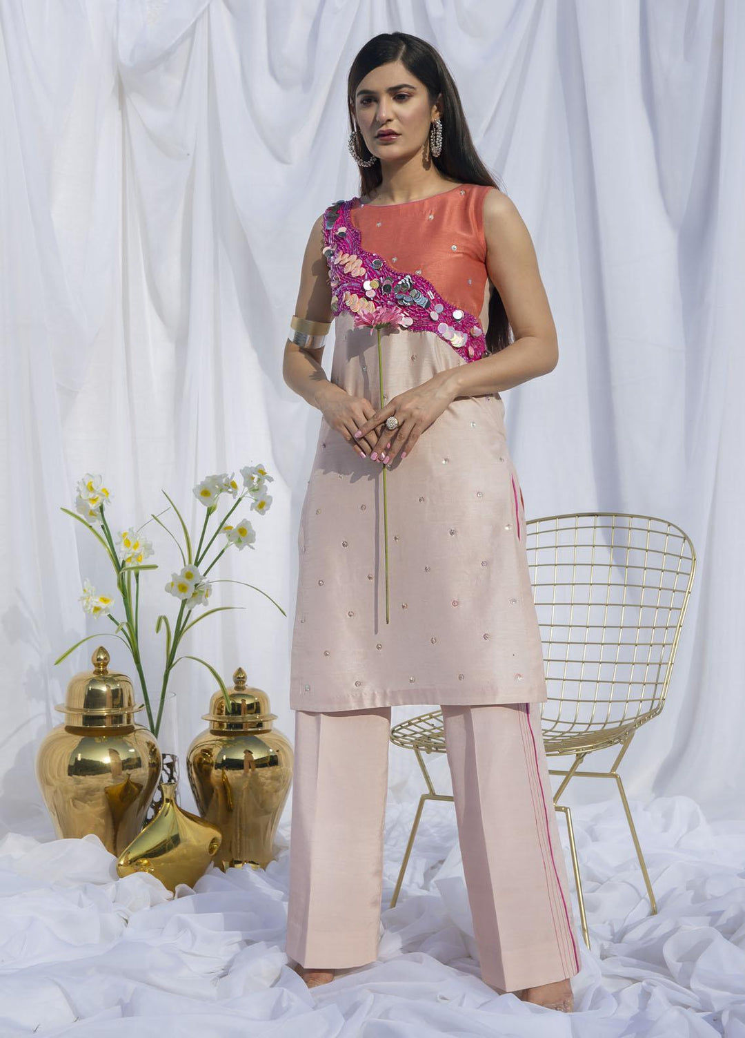 Hana Luxury Pret Embroidered Raw Silk 2 Piece Dress Carnation