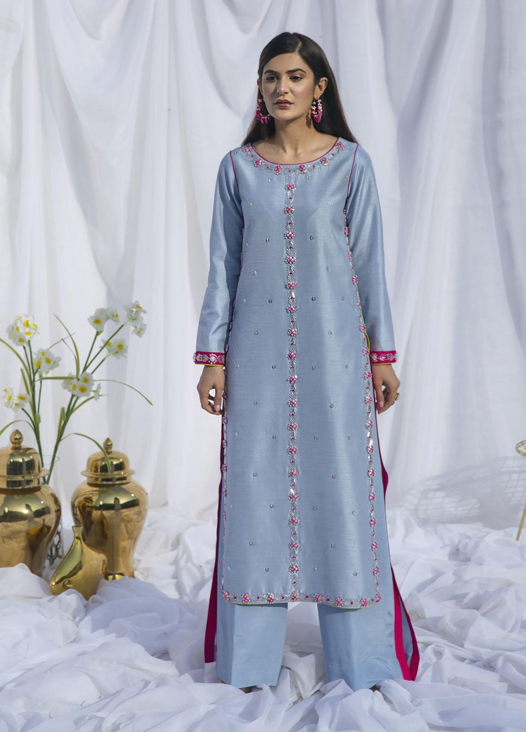 Hana Luxury Pret Embroidered Raw Silk 2 Piece Dress Carolina