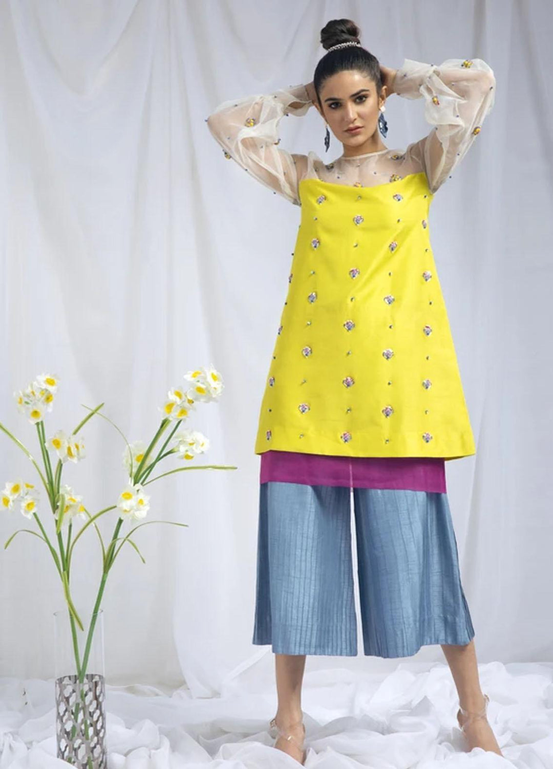 Hana Luxury Pret Embroidered Raw Silk 2 Piece Dress Citrus Twist