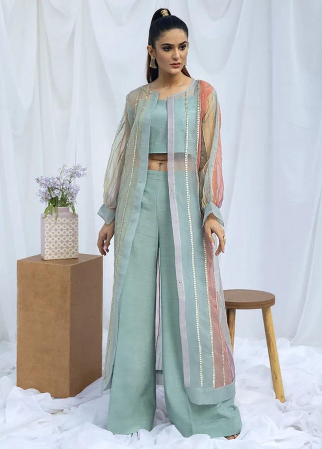 Hana Luxury Pret Embroidered Raw Silk 2 Piece Dress Island teal