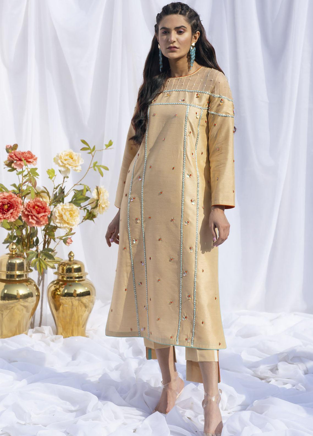 Hana Luxury Pret Embroidered Raw Silk 2 Piece Dress Marigold