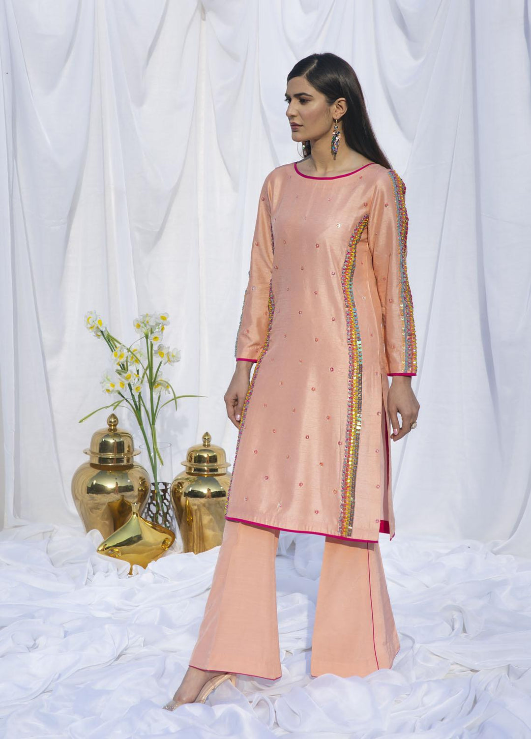 Hana Luxury Pret Embroidered Raw Silk 2 Piece Dress SALMON