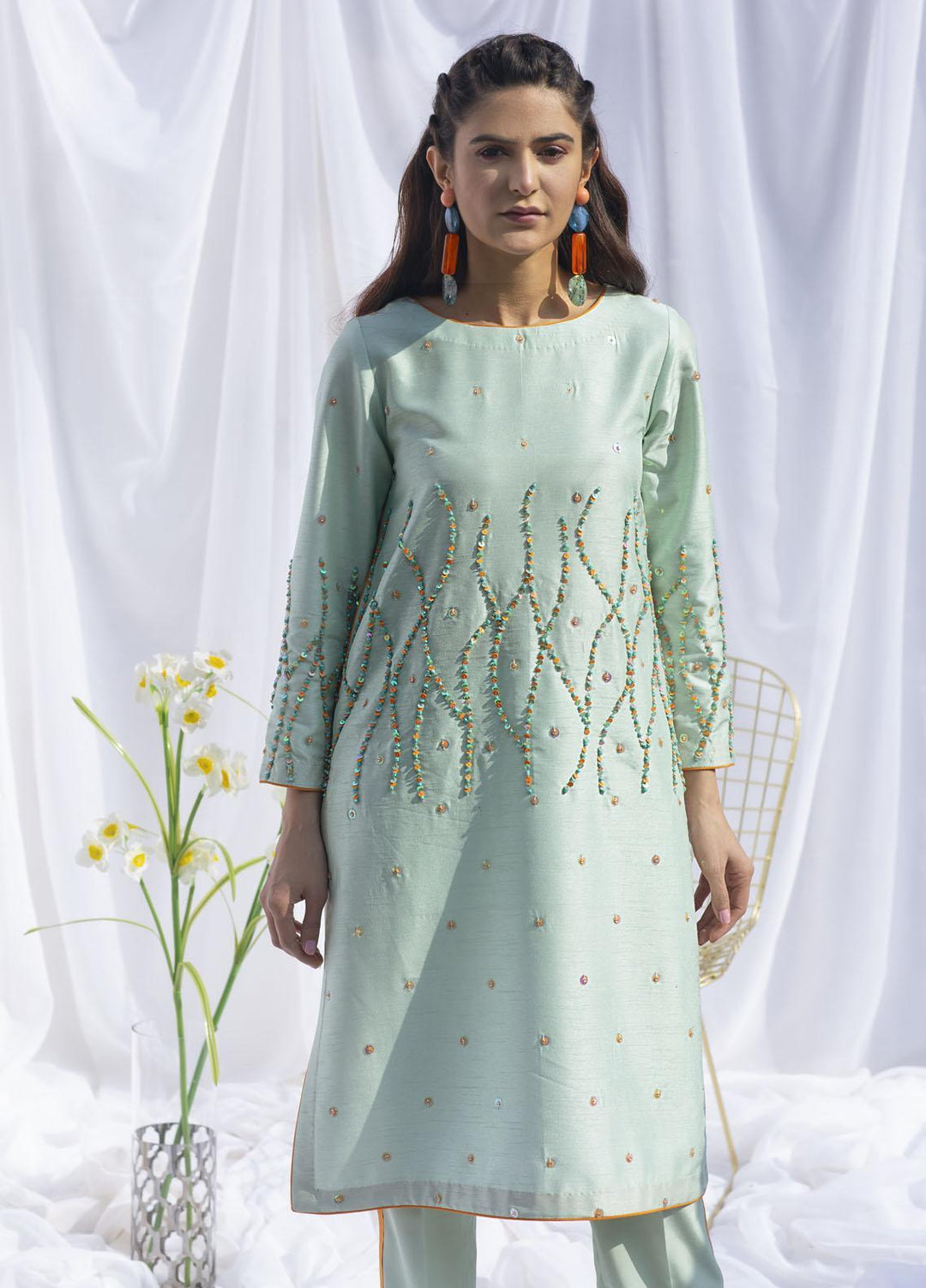 Hana Luxury Pret Embroidered Raw Silk 2 Piece Dress SWISS MINT