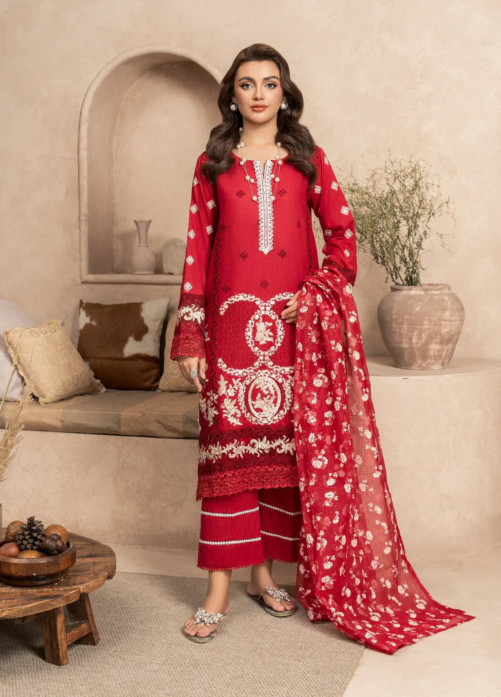 Haniya Mahnoor Pret Embroidered Lawn 3 Piece Suit Scarlet