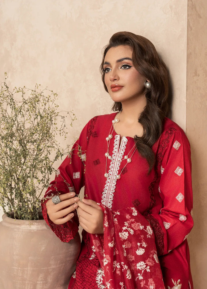 Haniya Mahnoor Pret Embroidered Lawn 3 Piece Suit Scarlet
