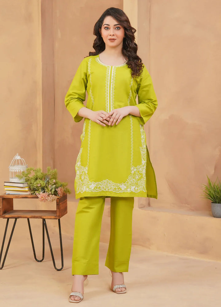 Hareem Fatima Pret Cotton 2 Piece Suit Lime Green Embroidered Dress