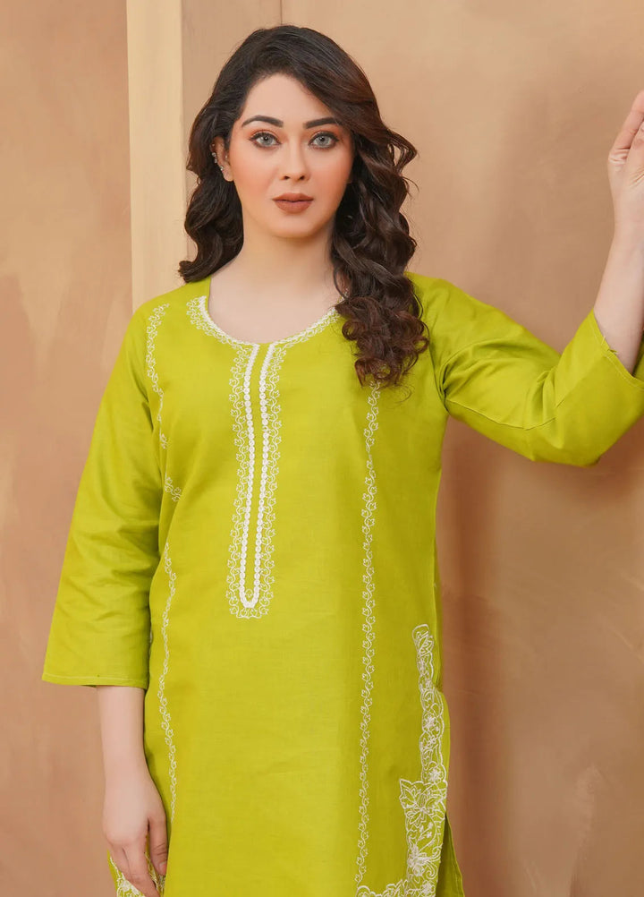 Hareem Fatima Pret Cotton 2 Piece Suit Lime Green Embroidered Dress
