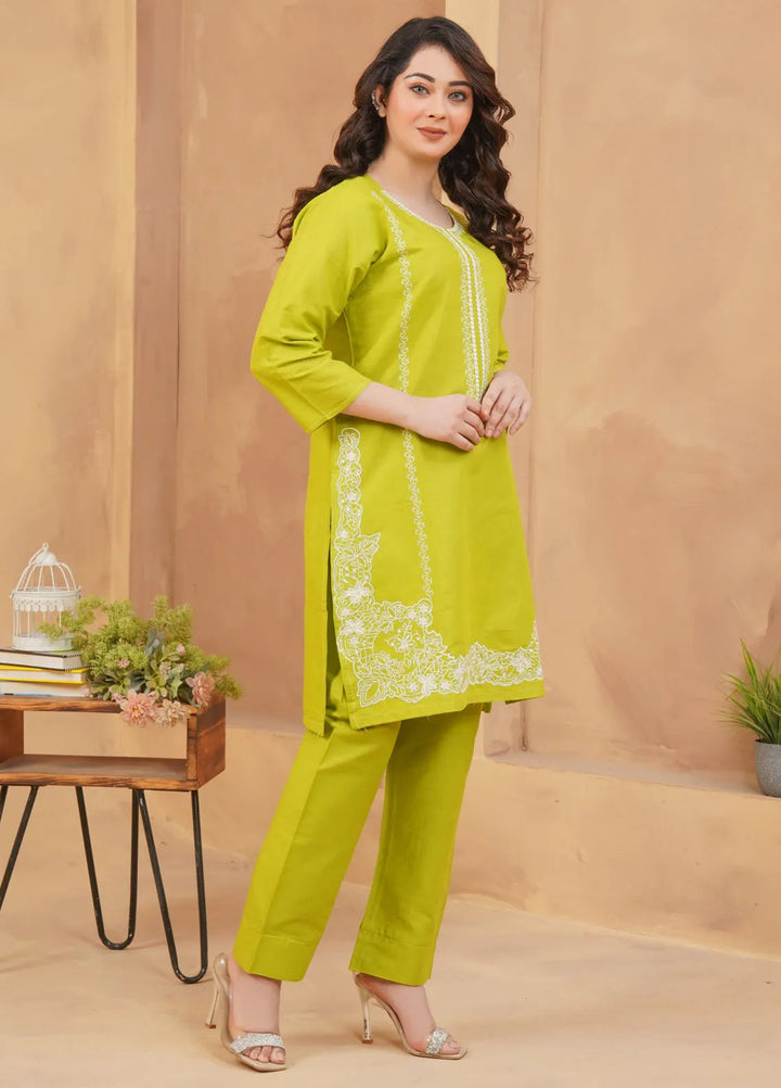 Hareem Fatima Pret Cotton 2 Piece Suit Lime Green Embroidered Dress