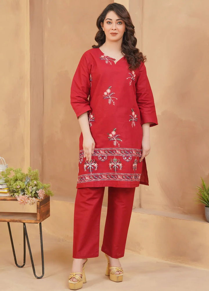 Hareem Fatima Pret Cotton 2 Piece Suit Maroon Blossom Embroidered Dress