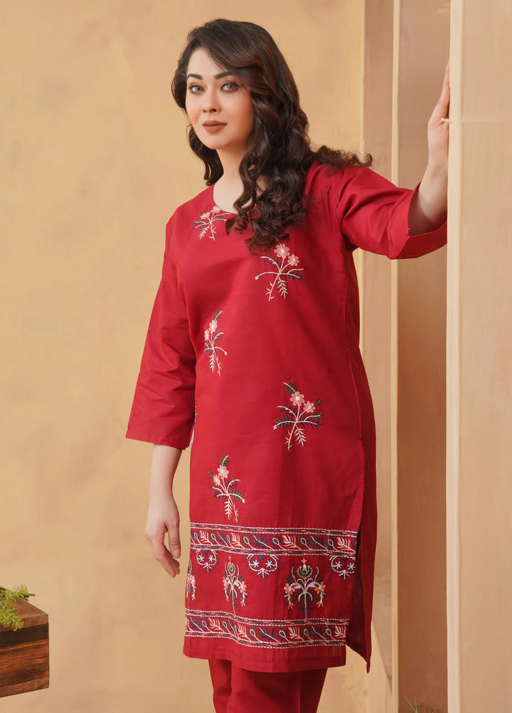 Hareem Fatima Pret Cotton 2 Piece Suit Maroon Blossom Embroidered Dress