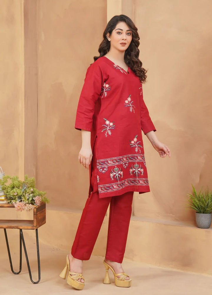Hareem Fatima Pret Cotton 2 Piece Suit Maroon Blossom Embroidered Dress