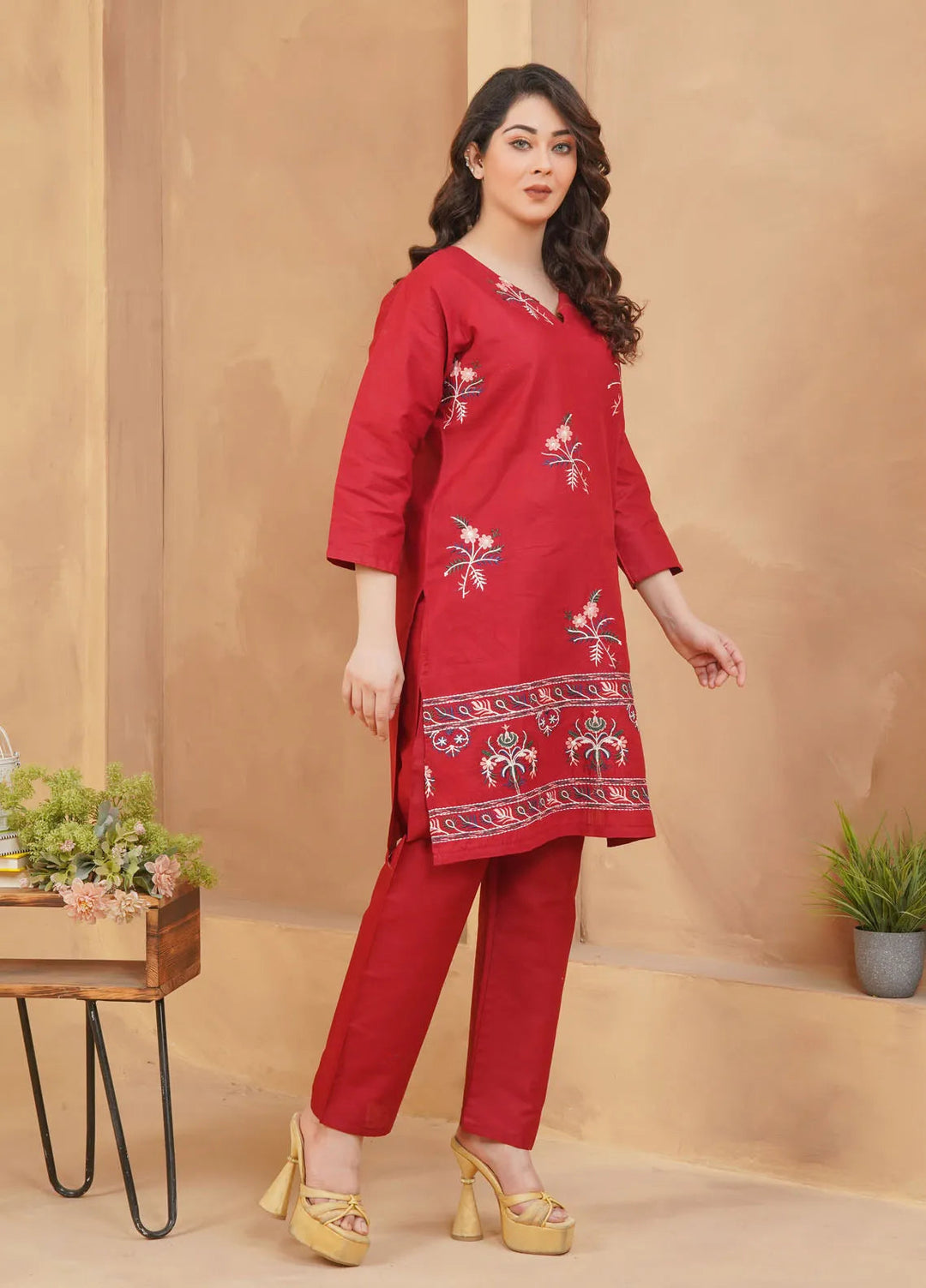 Hareem Fatima Pret Cotton 2 Piece Suit Maroon Blossom Embroidered Dress