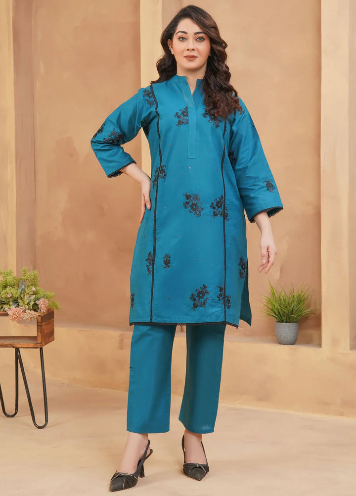 Hareem Fatima Pret Cotton 2 Piece Suit Teal Blossom Embroidered Dress