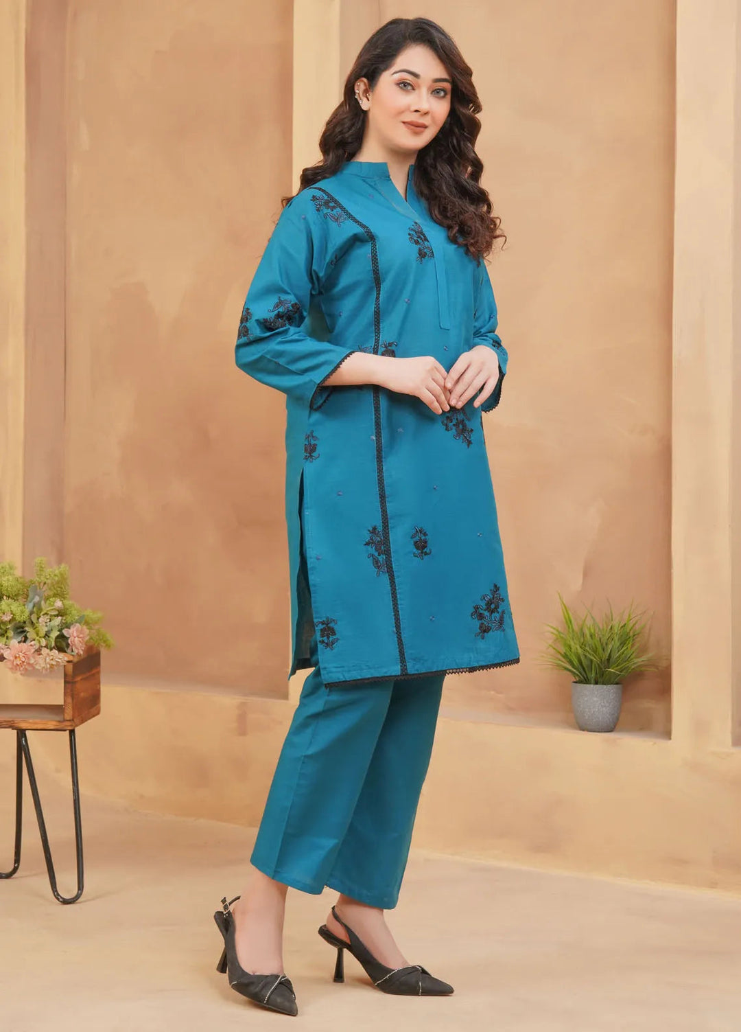 Hareem Fatima Pret Cotton 2 Piece Suit Teal Blossom Embroidered Dress