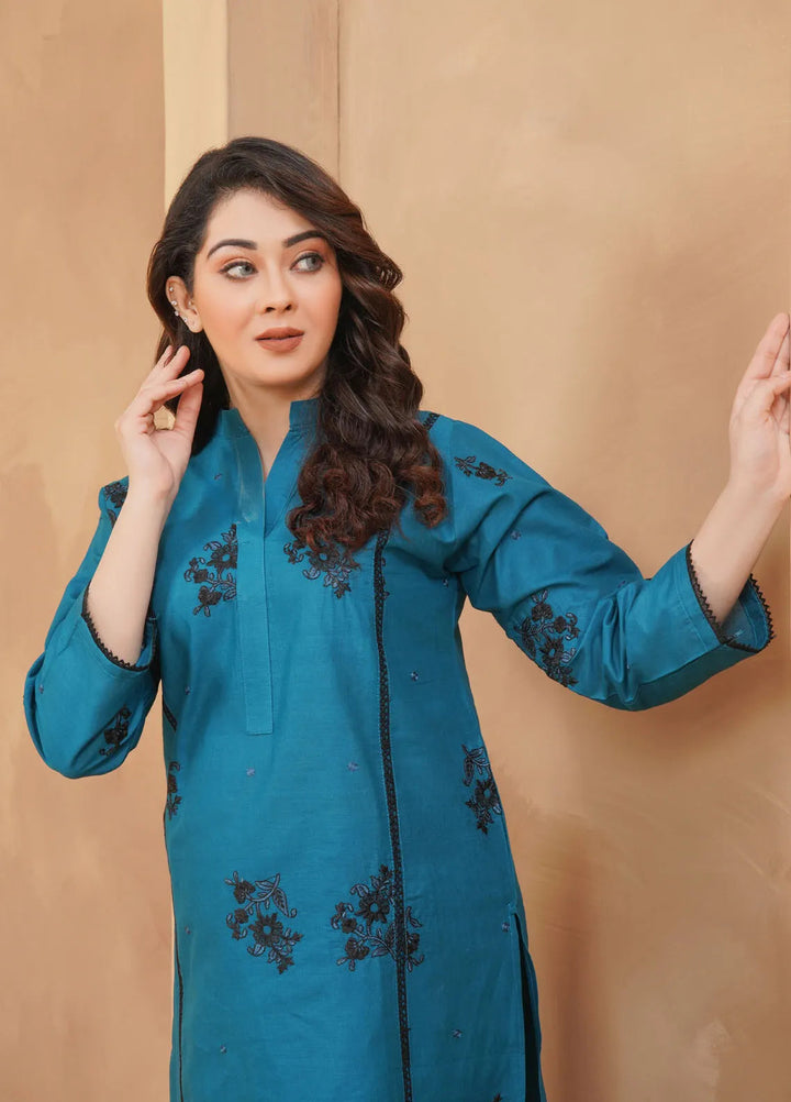 Hareem Fatima Pret Cotton 2 Piece Suit Teal Blossom Embroidered Dress