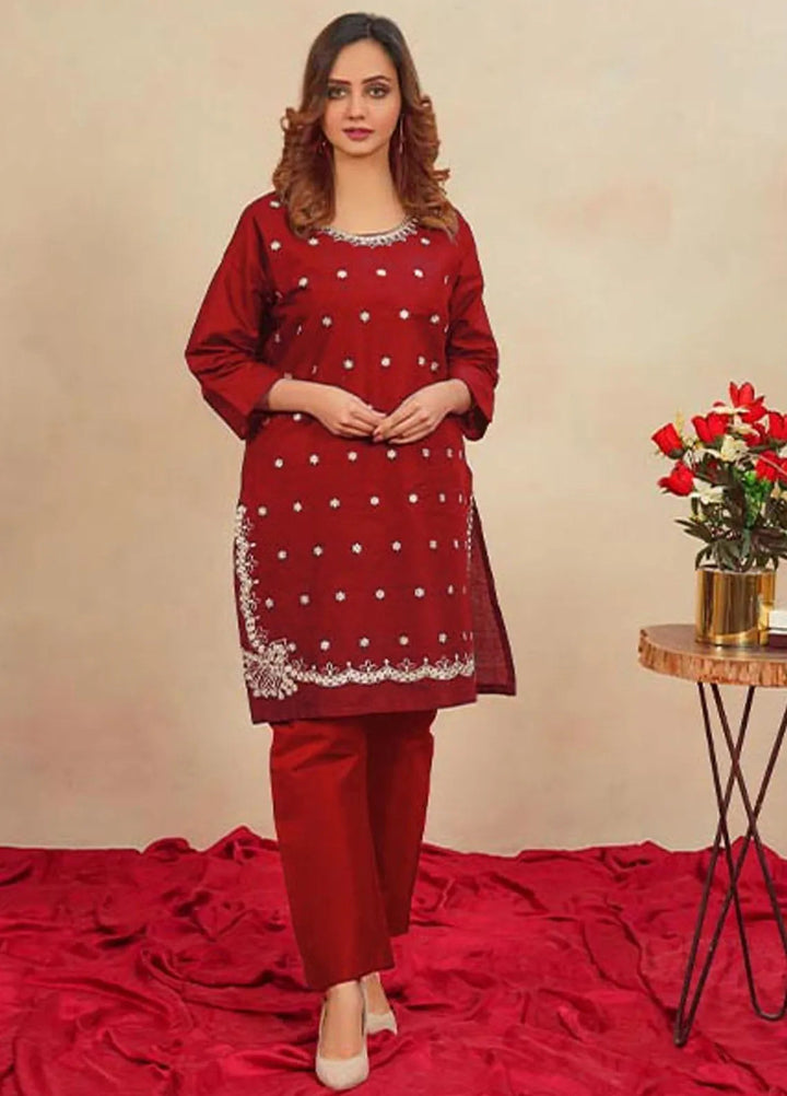 Hareem Fatima Pret Embroidered Cotton 2 Piece Suit Maroon Glam