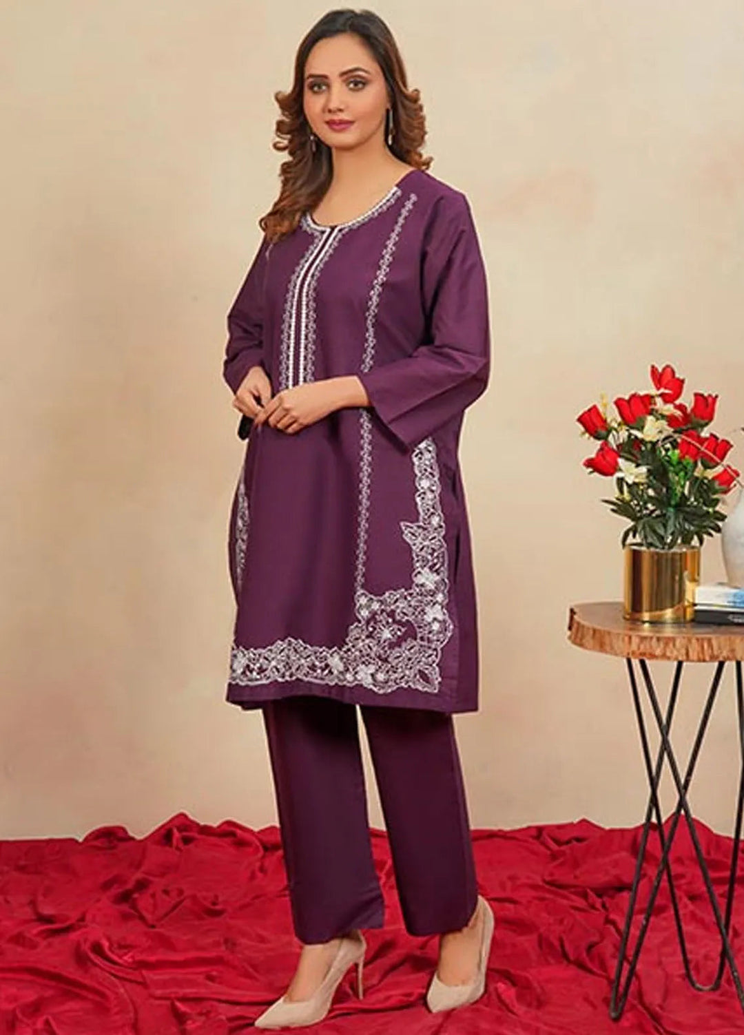 Hareem Fatima Pret Embroidered Cotton 2 Piece Suit Purple Elegance
