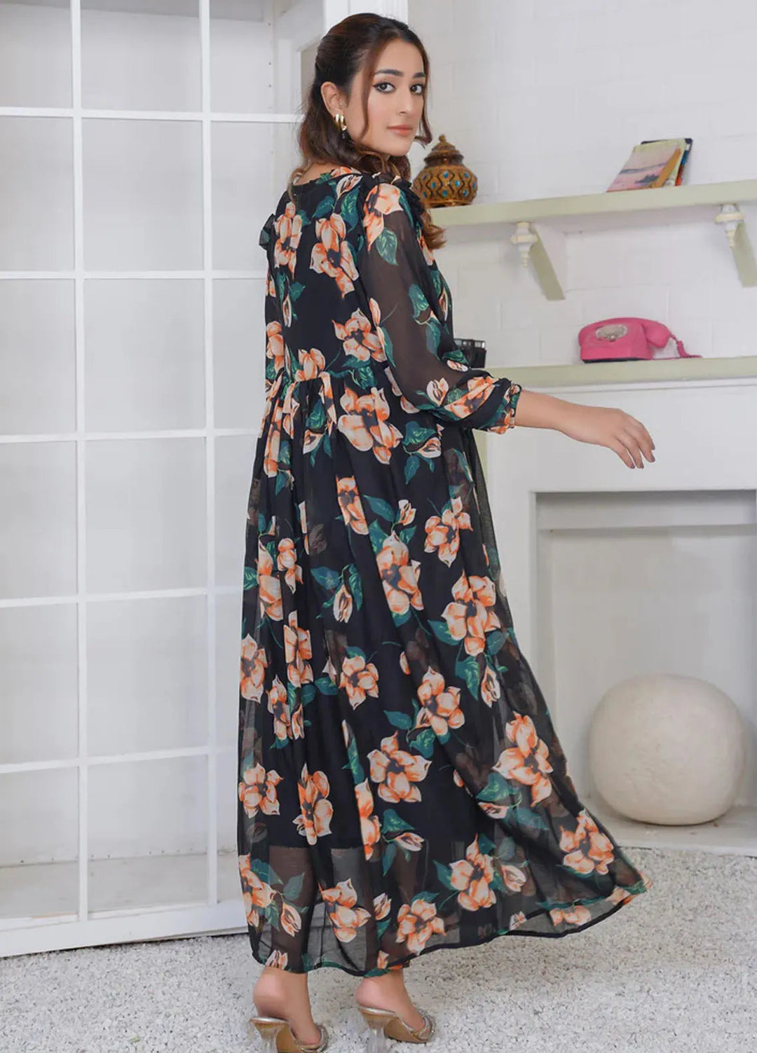 Hareem Fatima Pret Printed Chiffon 1 Piece Noir Blossom Maxi