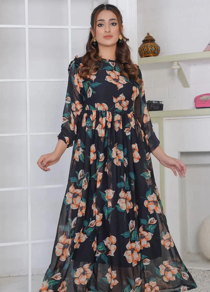 Hareem Fatima Pret Printed Chiffon 1 Piece Noir Blossom Maxi