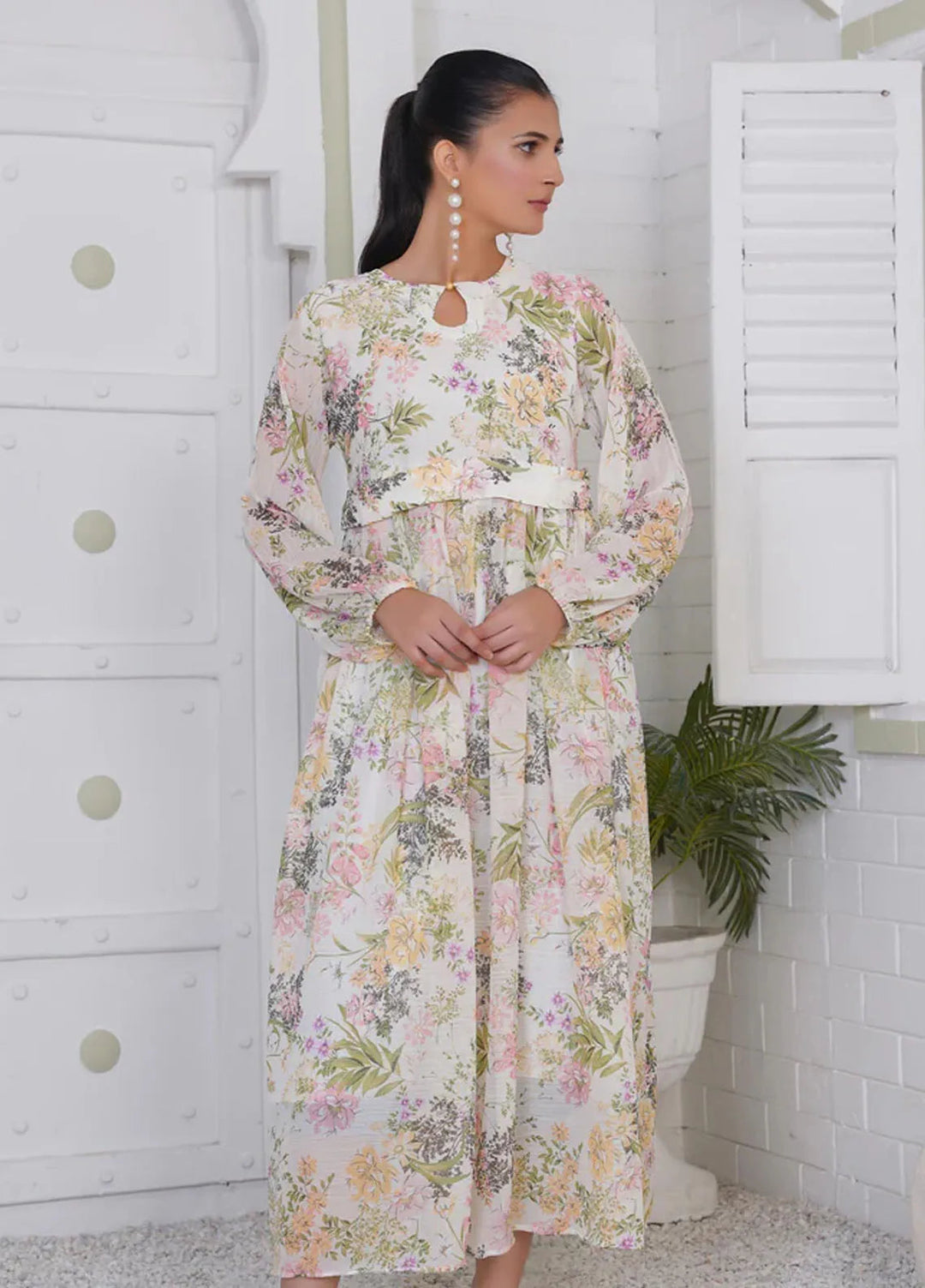 Hareem Fatima Pret Printed Chiffon 1 Piece White Pearl Maxi