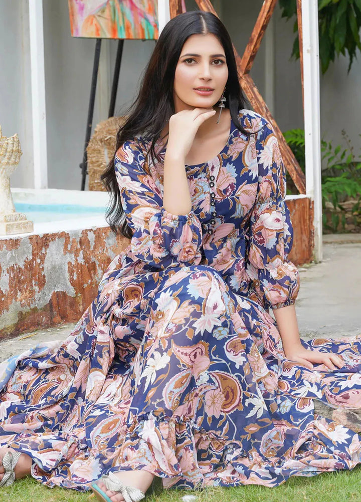 Hareem Fatima Pret Printed Chiffon 2 Piece Blue Rose Maxi
