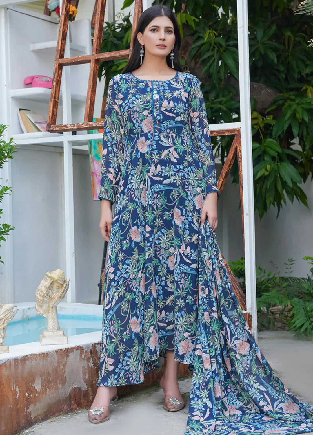 Hareem Fatima Pret Printed Chiffon 2 Piece Navy Bloom Maxi