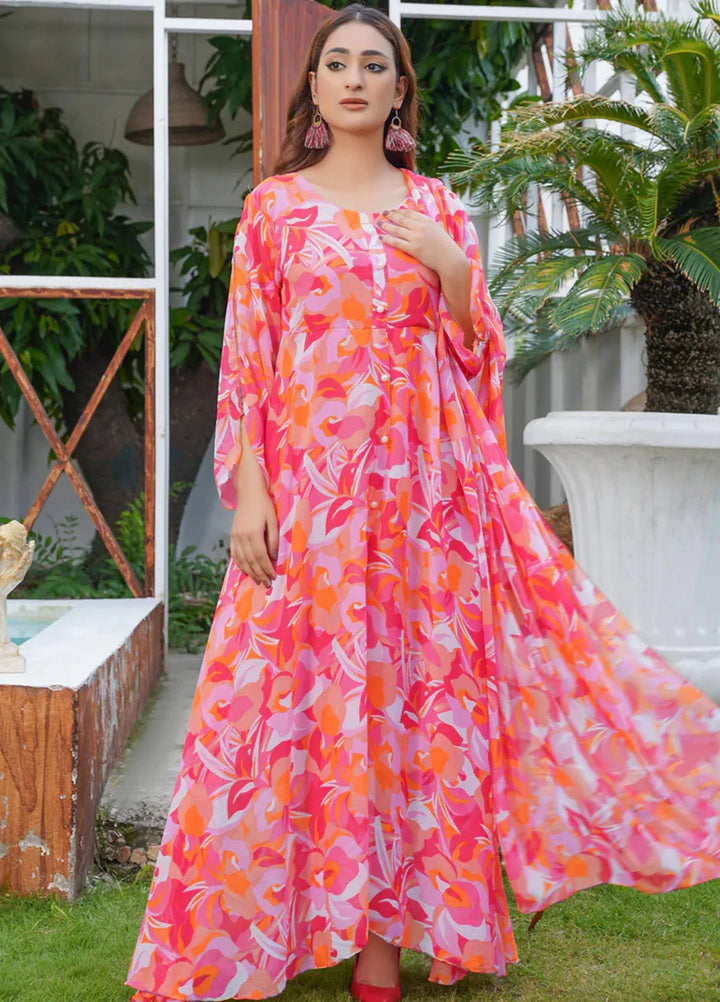 Hareem Fatima Pret Printed Chiffon 2 Piece Pink Leaf Maxi