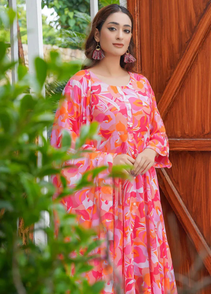 Hareem Fatima Pret Printed Chiffon 2 Piece Pink Leaf Maxi