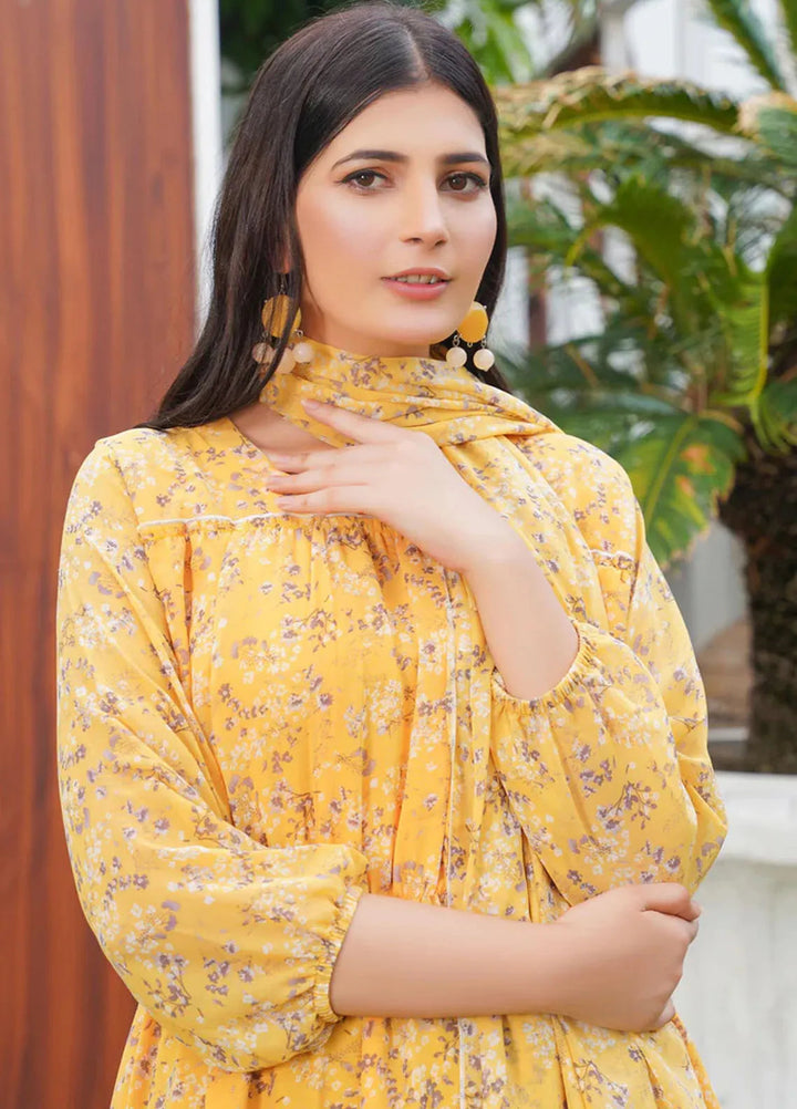 Hareem Fatima Pret Printed Chiffon 2 Piece Yellow Pleats Maxi