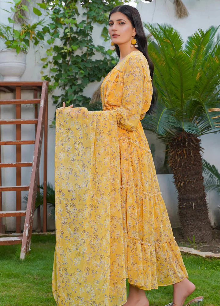 Hareem Fatima Pret Printed Chiffon 2 Piece Yellow Pleats Maxi