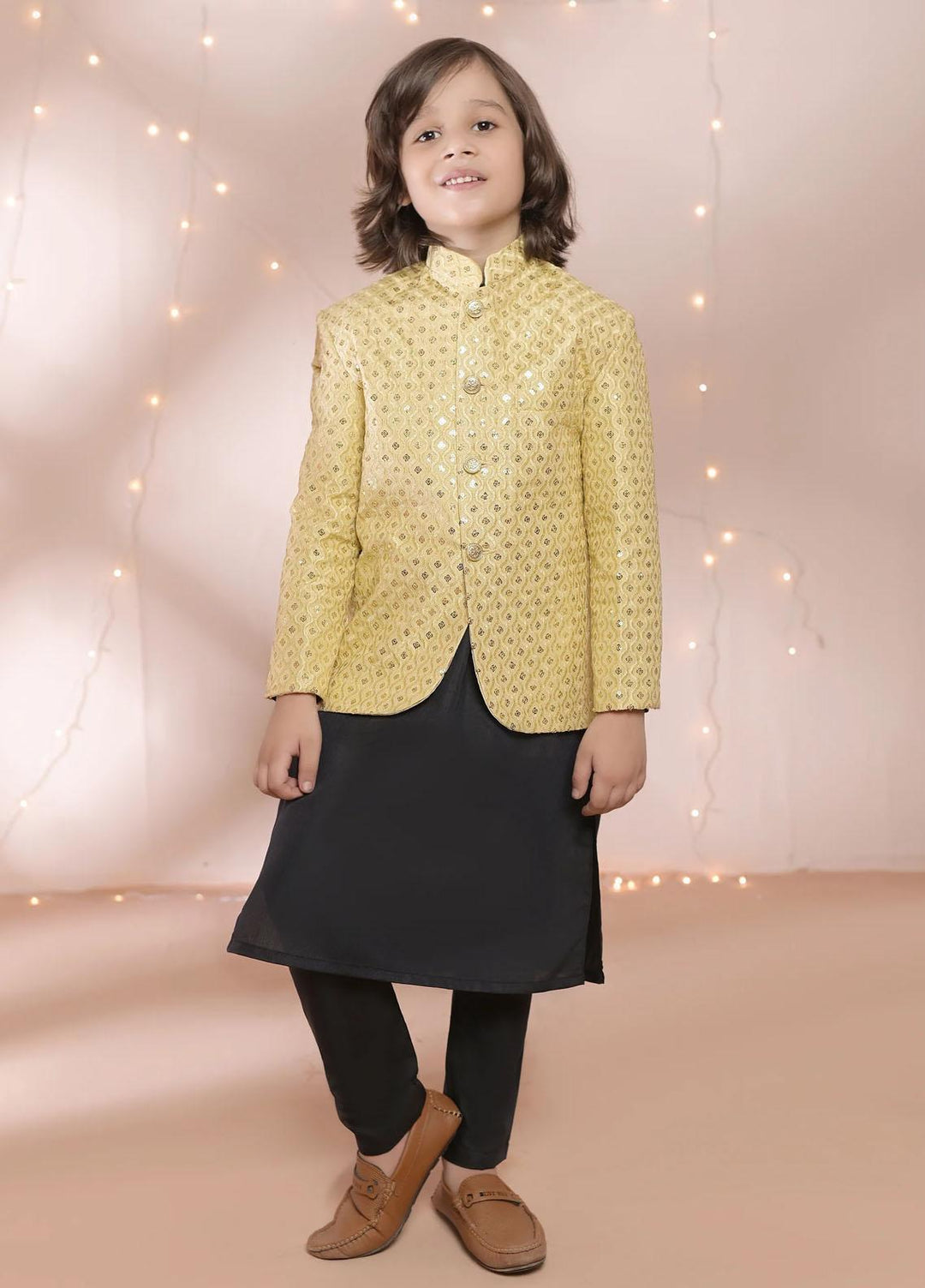 Hassan Jee  Formal Boys Prince Coat -  Golden Prince Coat - P13